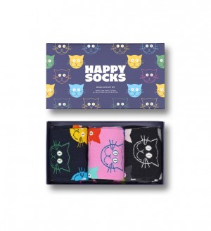 Happy Socks 3-Pack Mixed Cat Socks Gift Set Unisex Navy | Schweiz 19738POMN