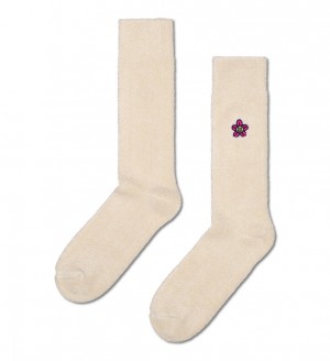 Happy Socks Embroidered Flower Crew Socken Unisex Beige | Schweiz 78490TMKH