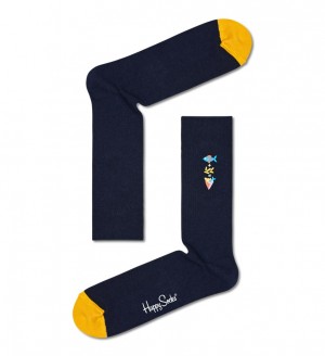 Happy Socks Gerippt Embroidery Fish n Chips Socken Unisex Navy | Schweiz 03958MATL