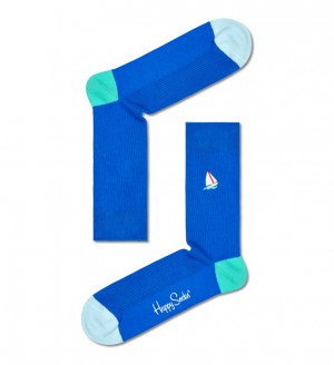 Happy Socks Gerippt Embroidery Sail Away Socken Unisex Blau | Schweiz 48259AYQR