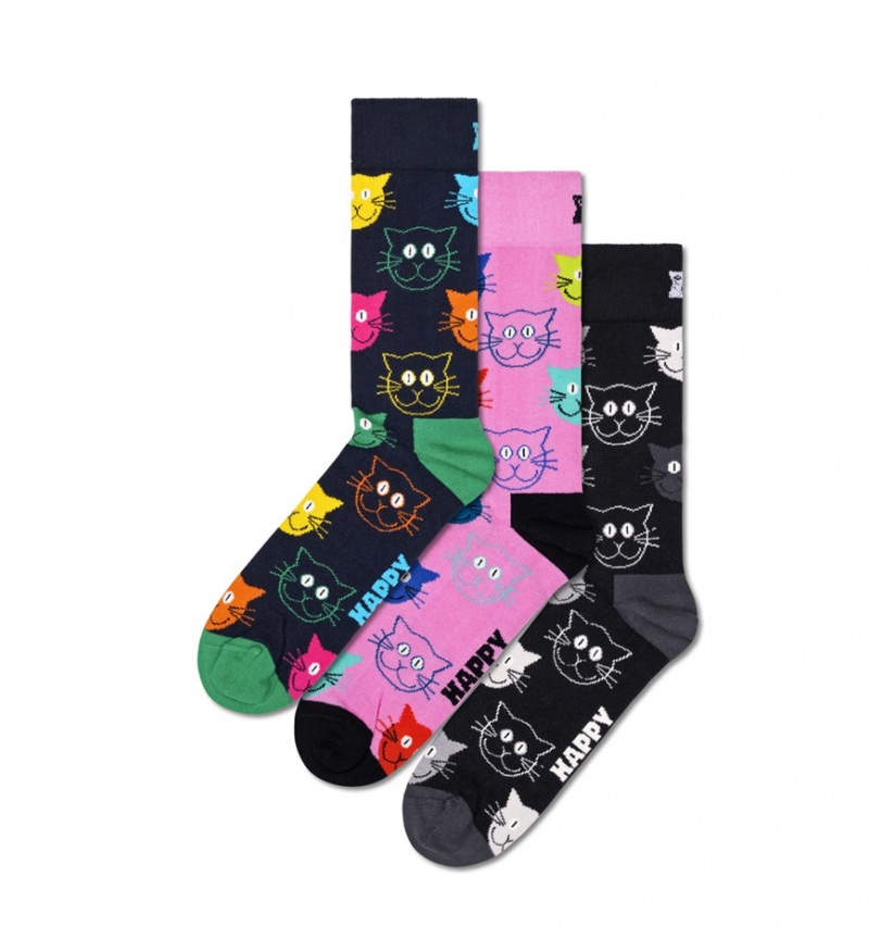 Happy Socks 3-Pack Mixed Cat Socks Gift Set Unisex Navy | Schweiz 19738POMN