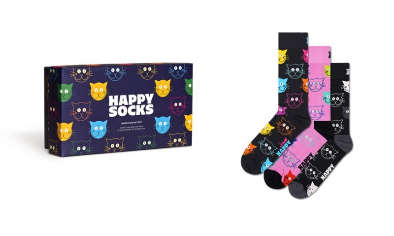 Happy Socks 3-Pack Mixed Cat Socks Gift Set Unisex Navy | Schweiz 19738POMN