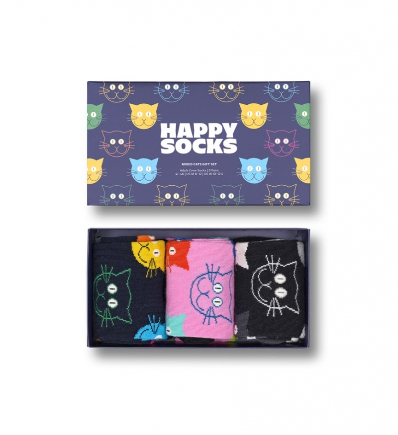 Happy Socks 3-Pack Mixed Cat Socks Gift Set Unisex Navy | Schweiz 19738POMN