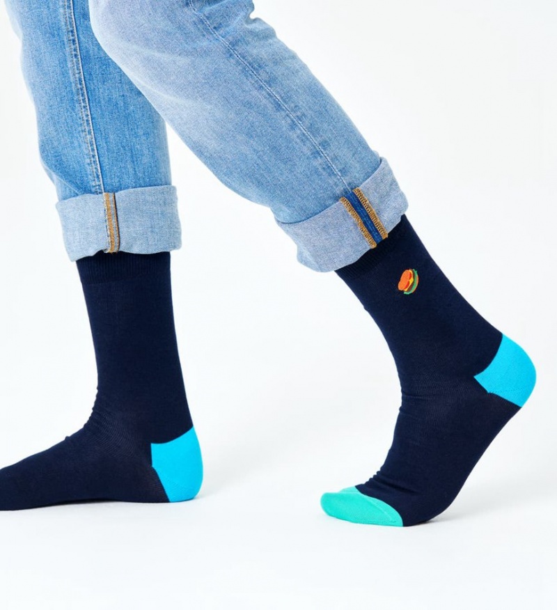 Happy Socks Embroidery Burger Socken Unisex Navy | Schweiz 36420QVNX