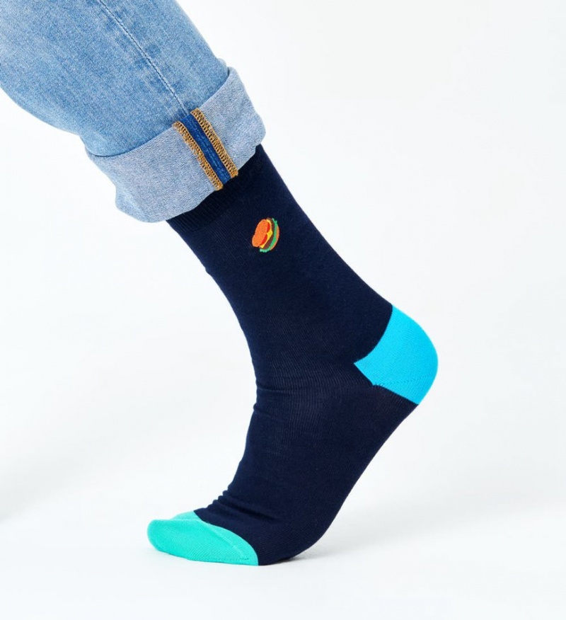 Happy Socks Embroidery Burger Socken Unisex Navy | Schweiz 36420QVNX