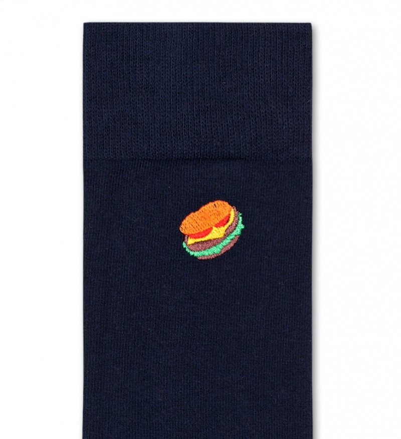 Happy Socks Embroidery Burger Socken Unisex Navy | Schweiz 36420QVNX