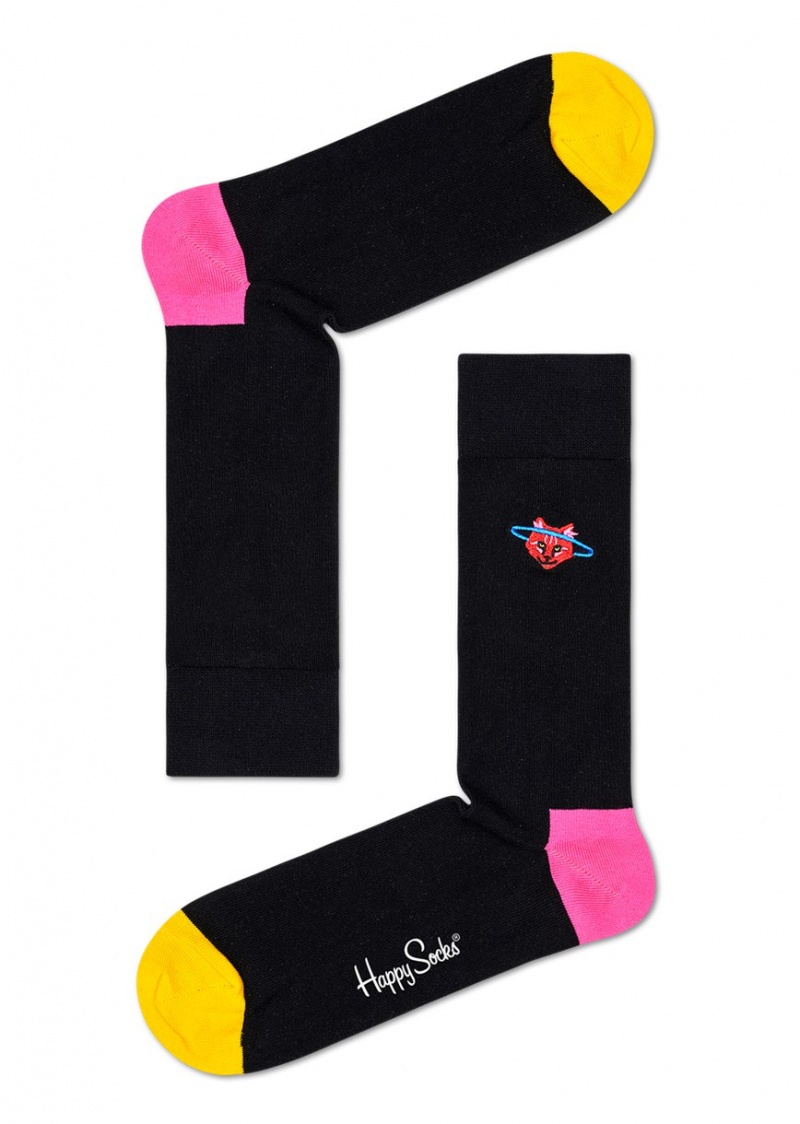 Happy Socks Embroidery Space Cat Crew Socken Unisex Schwarz | Schweiz 83057JLQI