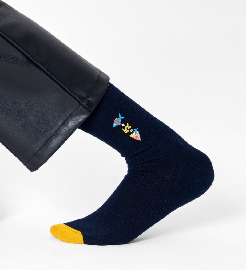 Happy Socks Gerippt Embroidery Fish n Chips Socken Unisex Navy | Schweiz 03958MATL