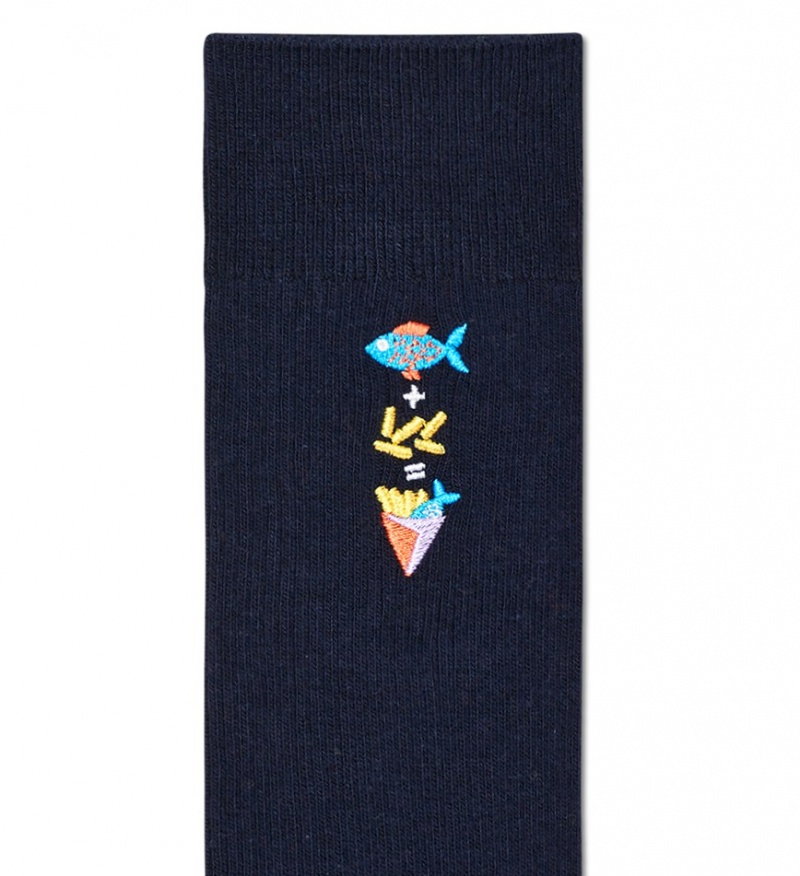 Happy Socks Gerippt Embroidery Fish n Chips Socken Unisex Navy | Schweiz 03958MATL