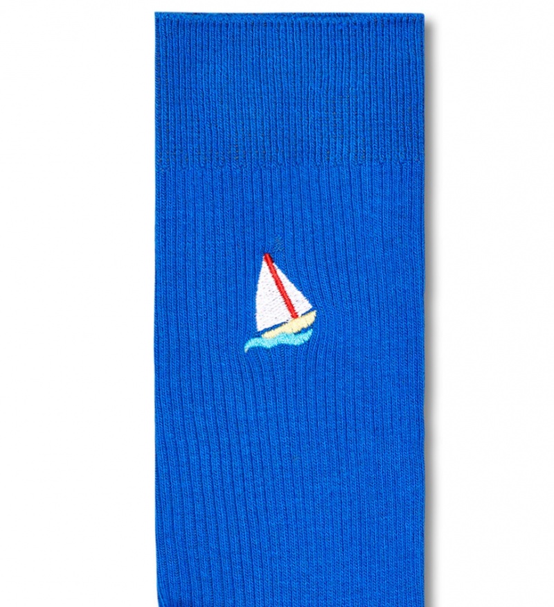 Happy Socks Gerippt Embroidery Sail Away Socken Unisex Blau | Schweiz 48259AYQR