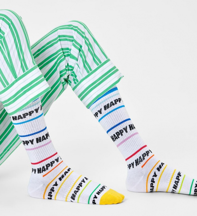 Happy Socks Happy Line Thin Crew Socken Unisex Weiß | Schweiz 92703NTUV