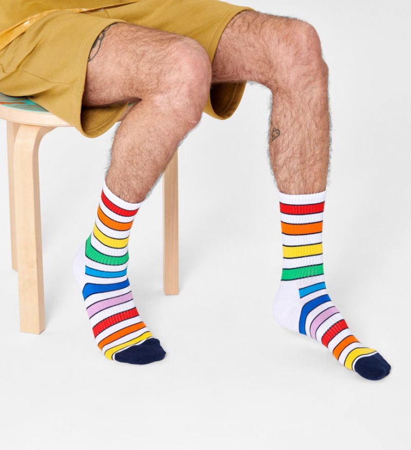 Happy Socks Multi Stripe 3/4 Crew Socken Unisex Weiß | Schweiz 28369HBLD