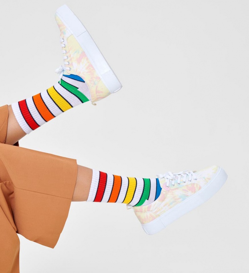 Happy Socks Multi Stripe 3/4 Crew Socken Unisex Weiß | Schweiz 28369HBLD