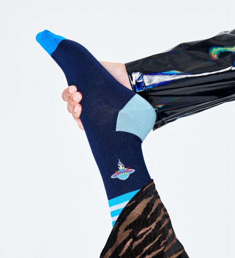 Happy Socks Turn Embroidery UFO 3/4 Crew Socken Unisex Blau | Schweiz 94582XBRZ