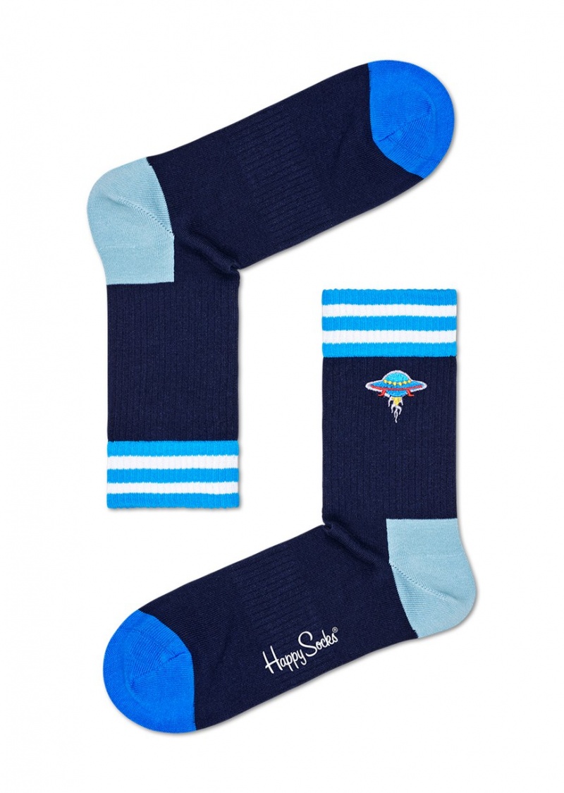 Happy Socks Turn Embroidery UFO 3/4 Crew Socken Unisex Blau | Schweiz 94582XBRZ